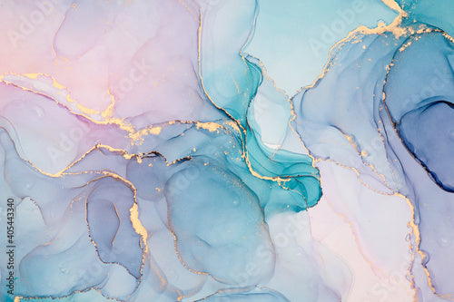 Natural luxury abstract fluid art painting in alcohol ink technique. Tender and dreamy wallpaper. Mixture of colors creating transparent waves and golden swirls. For posters, other printed materials