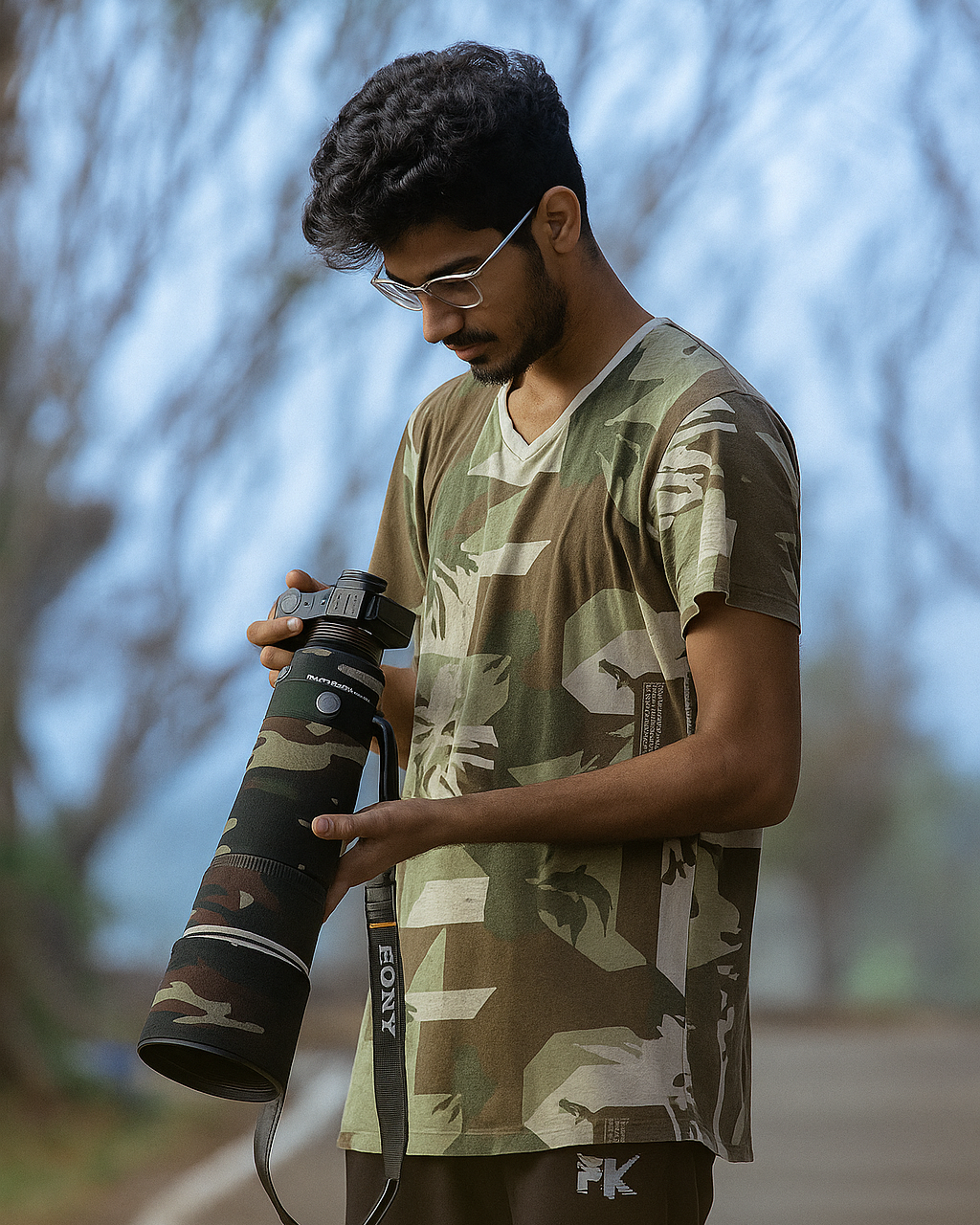 Man holding a camera with a long lens outdoors