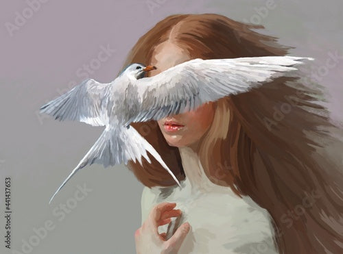 Painted illustration of woman and flying bird